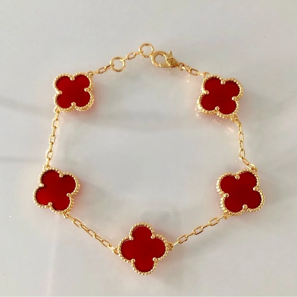 Red Carnelian 5 Quatrefoil Clover Motif Gold Bracelet